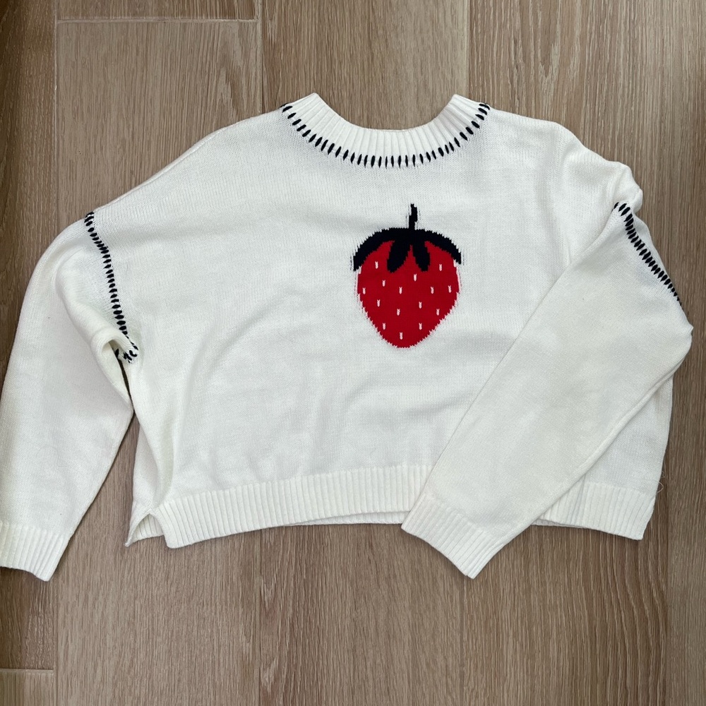 Jessica Simpson White Sweater with Red Strawberry Design size medium